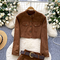 Ensemble jupe courte à volants et veste courte à manches longues en faux daim pour femme, automne-hiver, avec ceinture, tenue élégante en deux pièces