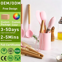 Ensemble d'ustensiles de cuisine en silicone multicolores à manche en bois, 12 pièces, résistant aux hautes températures, OEM ODM