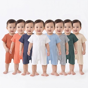 Jongens peuter onesie zomer effen kleur romper schattig ademend hoog elastisch katoenen vest kinderen kruippakje met korte mouwen - Product Image 1