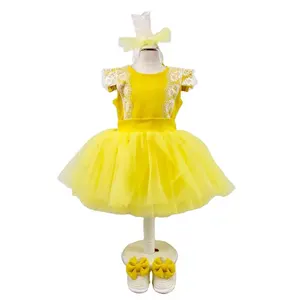 Gaun Anak Perempuan Desain Baru Lahir Grosir Kustom Modern Anak-anak Gaun Pesta Ulang Tahun Potongan Rendah Kuning