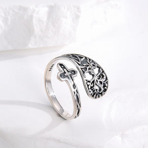Gioielli Vintage 925 <span class=keywords><strong>argento</strong></span> Sterling albero della vita ossidato e croce anello aperto per le donne - Product Image 4