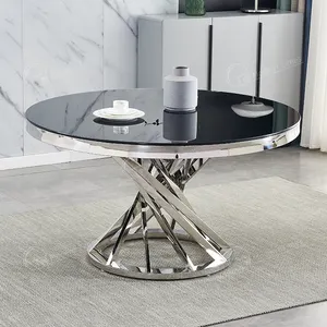Modern Dining Room Furniture Tempered Black Glass Round Silver Dining Table