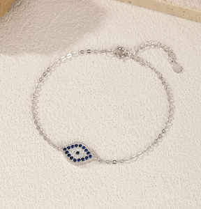 S925 Silver Chain <b>Bracelet</b> With Blue Crystal style Eye Rhodium Plated Classic Unisex Everyday Wear Jewelry - Product Image 5