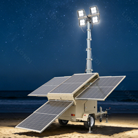 Tour d'éclairage solaire mobile sur remorque, levage manuel, mât télescopique de 9 m, alimentée par l'énergie solaire, pour chantier de construction