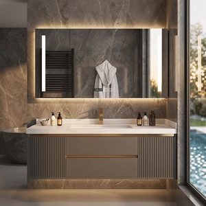 Tocador de cierre suave de diseño simple de bajo precio personalizado moderno gabinete de baño de color <span class=keywords><strong>café</strong></span> con lavabo de espejo - Product Image 1