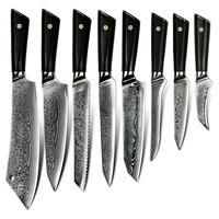 Ensemble de couteaux de cuisine professionnels en acier Damas 8 pièces, noyau en acier VG 10, 67 couches, avec manche en G10 noir