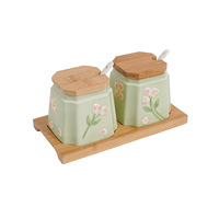 Ensemble de pots à épices peints à la main avec couvercle en bambou, boîte à épices en céramique pour la cuisine