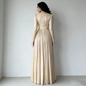 Robes pour femmes, or, col en V profond, manches longues, plissées, ceinture à nouer, élégantes, formelles, longues - Product Image 3