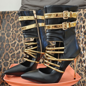 Bottes courtes pour femmes à talons hauts, grande taille 47, avec fermeture éclair latérale, boucles de ceinture dorées, lanières dorées et découpe avant, idéales pour l'été - Product Image 5