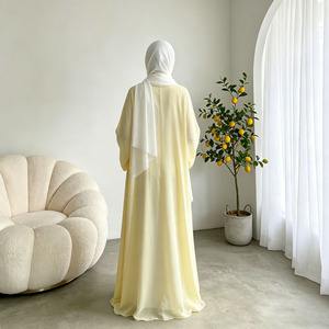 Butter Yellow Eid Open Abaya 2 Piece <b>Set</b> Muslim Women Kimono Georgette Kaftan Robe Hijab <b>Modest</b> Outfit - Product Image 3