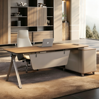 Escritorio Ejecutivo de Lujo para CEO, Muebles de Oficina de Madera y Cuero con Archivador y Librero