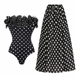 Women 2 Piece <b>Swimsuit</b> Set Polka Dot Bandeau 3D Flower One Piece Bathing Suit With Flowy Long Cover Up <b>Skirt</b> Wholesale Beachwear - Product Image 1