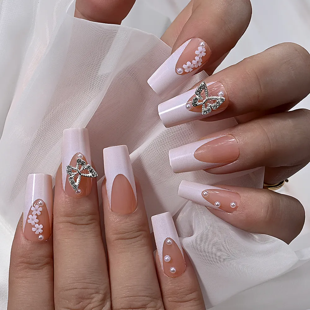 24 Uds. Uñas postizas cuadradas de cobertura completa diseño de mariposa hueca con diamantes de imitación flor falsa prensa usable en uñas puntas de manicura