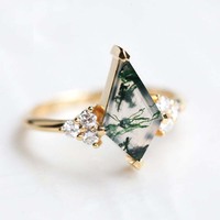 Joli ensemble de bagues de fiançailles en argent sterling 925 avec agate mousse verte