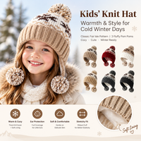 Bonnet en tricot jacquard Fair Isle premium pour enfants avec 3 pompons, doublure polaire, bonnet d'hiver épais pour l'école