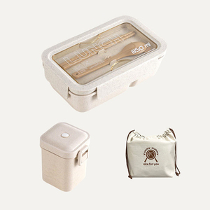 Newest Hot Sell Wheat Straw Bento Lunch <b>Boxes</b> <b>Set</b> with Spoon and Fork Double Layer Large Capacity Portable sealed Lunch <b>Box</b> - Product Image 3