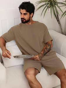 Pyjama en bambou marron pour homme, logo personnalisé, vêtements en gros, pantalon de nuit, ensembles de pyjamas à manches courtes, vêtements de maison tricotés pour homme - Product Image 2