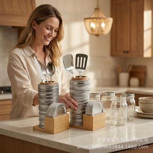 Boîte de rangement en bois à 2 niveaux pour couvercles de boîtes, organisateur de cuisine de bureau pour ustensiles et articles de garde-manger - Product Image 2