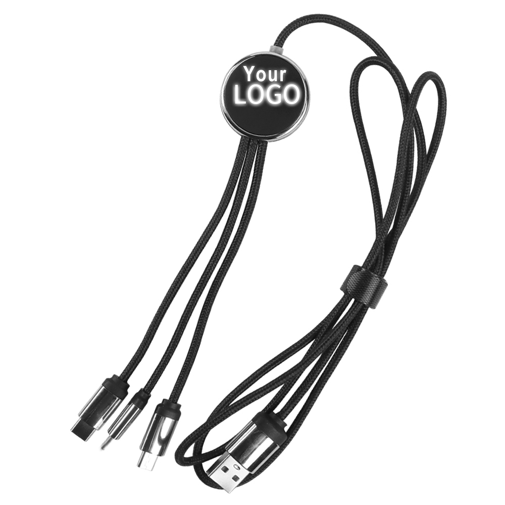 Câble de charge multiple rond noir à LED lumineuses