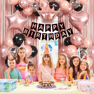 Kit d'arche de ballons en latex or rose avec couronne en feuille d'aluminium et bannière en papier Joyeux Anniversaire et rideau en feuille d'aluminium de 1*2m pour la décoration de fête - Product Image 5