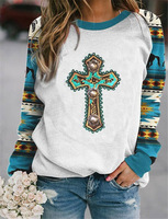 Vente en gros de pulls à manches longues pour femmes, style bohème décontracté, western, cowgirl, imprimé tête de taureau et cactus, hauts aztèques pour femmes