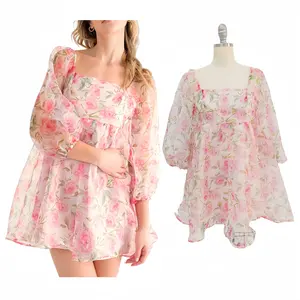 Floral Babydoll vestido primavera señoras elegante escote cuadrado Organza vestido mujeres Casual Mini vestido