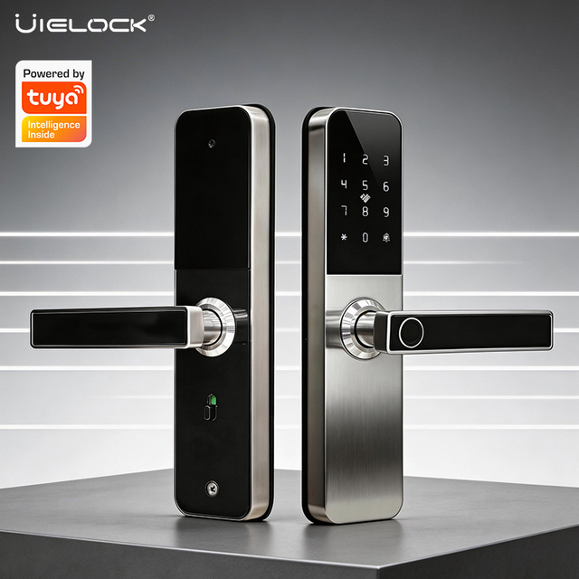 Modern Design Home Hotel Use Stainless Steel Tuya Digital WiFi Fingerprint Smart Door Lock Biometric Handle Wood Cloud F1-8