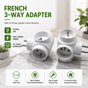 Adaptateur de prise française ultra-plat 3 voies avec mise à la terre pour les voyageurs nomades, les globe-trotters, les explorateurs, les croisières de luxe et les salons d'aéroport - Product Image 1