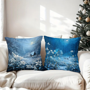 Bantal hias tema musim dingin berwarna biru dengan pemandangan bersalju dan rusa di bawah cahaya bulan menghiasi sofa ruang tamu yang nyaman. - Product Image 3
