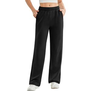 Pantalon de survêtement droit pour femme, taille haute élastique, décontracté, chaud, en tissu éponge extensible mi-lourd et respirant - Product Image 1