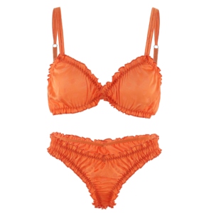 Ensemble de lingerie en satin orange personnalisé, soutien-gorge à volants et culotte froncée, 2 pièces, sous-vêtements mignons de style Lolita, fabricant OEM - Product Image 1