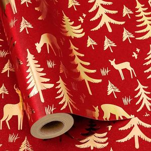 Red Gold Foil Christmas <b>Wrapping</b> <b>Paper</b> Recyclable Kraft Gold Foil Reindeer Winter Tree Thick Holiday Packaging <b>Paper</b> - Product Image 2