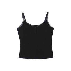 Camisole en tricot à col en U avec garniture en dentelle douce et épicée pour femmes, grande taille, couleur unie noire, gilet intérieur en coton N8569 - Product Image 1