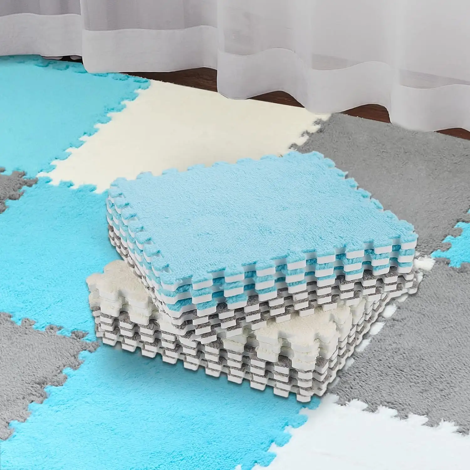 Plüsch schaum Interlocking Boden matte Fluffy Square Interlocking Foam Fliesen Weiche Anti-Rutsch-Puzzle-Teppich Spiel matte für Raum boden