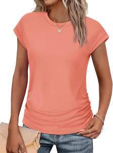 Women's 2025 Trendy Summer <b>Tops</b> Breathable Knitted Crew Neck T-Shirts with Ruched <b>Cap</b> Short <b>Sleeves</b> Casual Fashion Shirts - Product Image 2