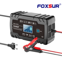 FOXSUR 12v 24v 8a Chargeur de batterie de réparation d'impulsion pour voiture et moto Chargeur de batterie automatique pour voiture