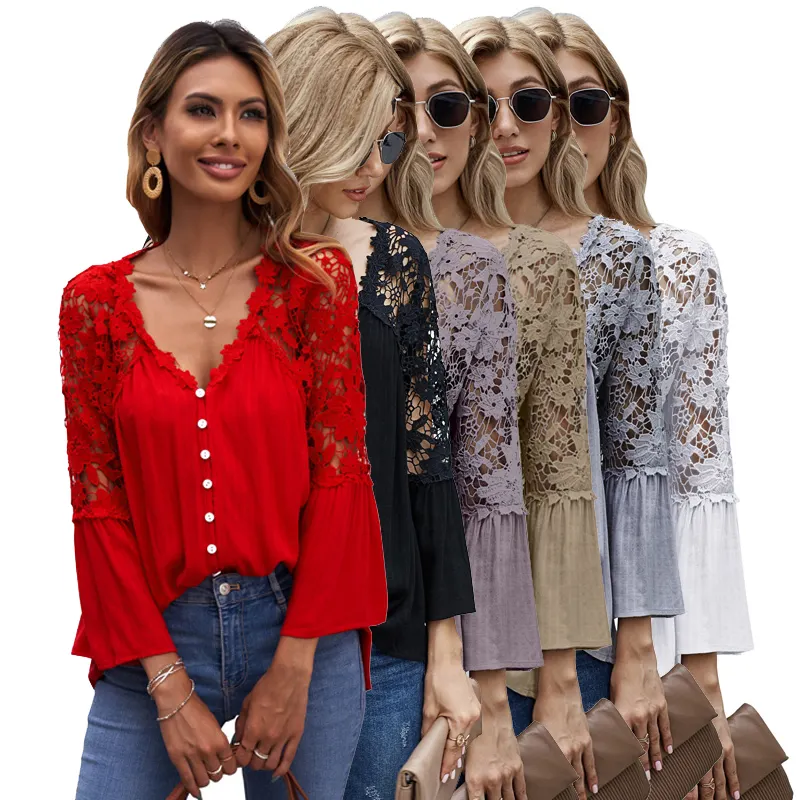 Private Label 2023 Wholesale Summer Women Elegant Crochet V Neck Lace Button Chiffon Tops Shirts Blouse