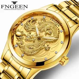 Fngeen đồng hồ sang trọng dây thép thời trang 666 Đồng hồ thạch anh hình rồng vàng sáng tạo cho Nam Đồng hồ đeo tay thể thao doanh nhân nam thường ngày