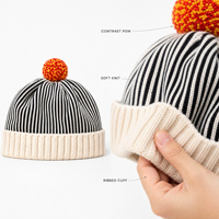 Bonnet en tricot à pompon rayé et à revers, doux et tendance pour l'hiver, pour femmes