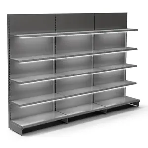 Custom Supermarket Double Sided Grey Shelves Display Commercial Silver Retail Wall Shelving With LED Lighting