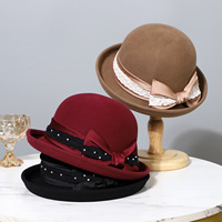 Elegante Sombrero Cloche para Mujer de Fieltro de Lana con Lazo Vintage, Pedrería/Perlas, para Invierno, Iglesia, Boda, Fiesta, Venta al por Mayor, ODM Disponible