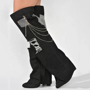 Chain Decor Women Denim Overlay Over Knee High <b>Boots</b> Ladies High Chunky Heels Shoes Patchwork Jeans Pants Long Booties - Product Image 3