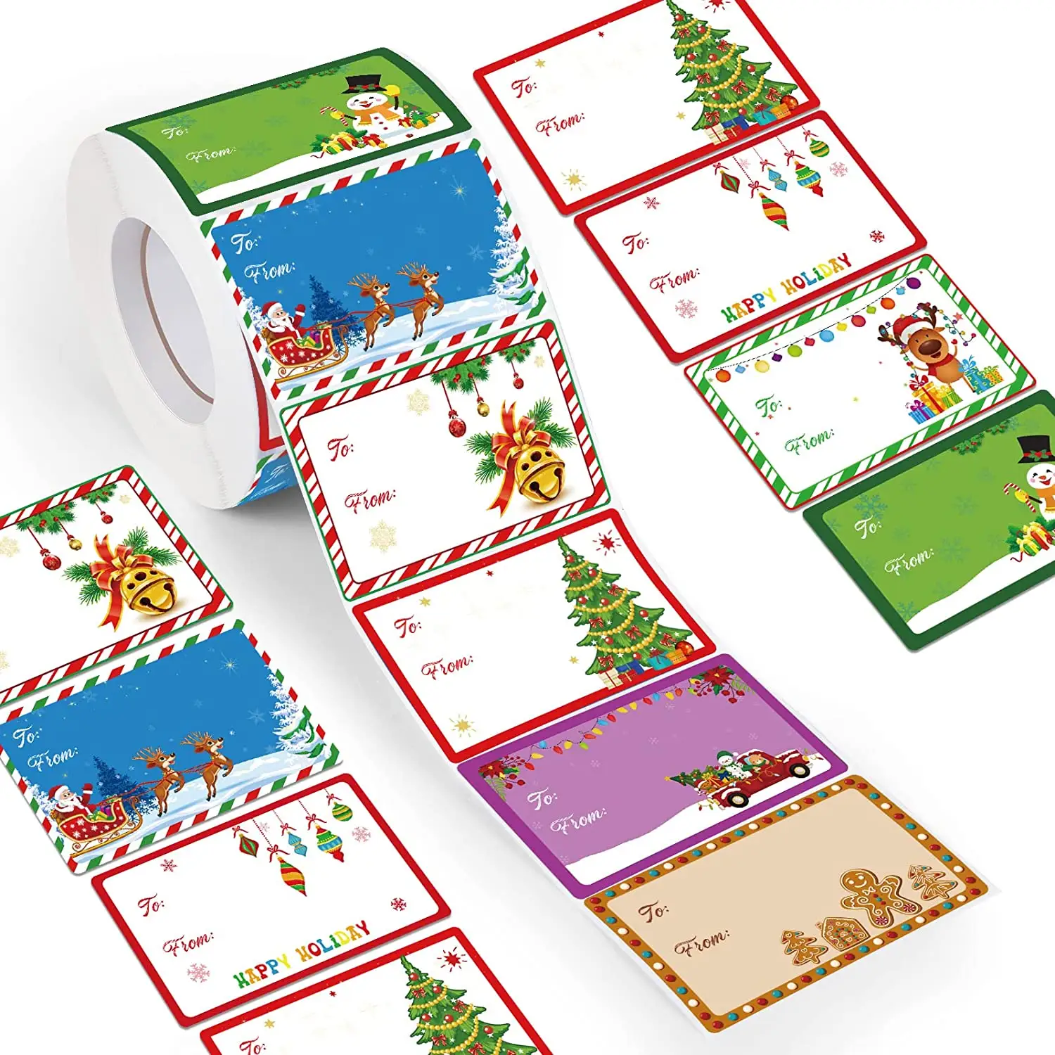 Amazon Hot Sell Custom Etiquette Self-Adhesive Label Roll Gift Decorative Merry Christmas Tree Sticker