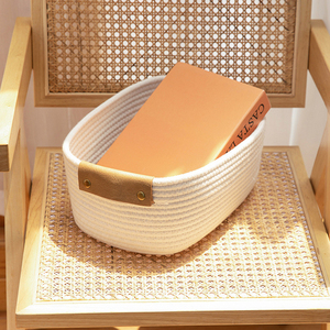 Leather Handles Woven Cotton <strong>Rope</strong> <strong>Storage</strong> <strong>Basket</strong> Tabletop Household Miscellaneous <strong>Storage</strong> <strong>Basket</strong> with Fabric Material - Product Image 5