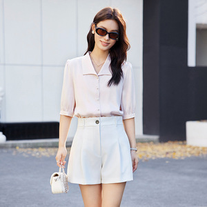 Women's White Shirt Solid Color Poplin Collared Short Sleeve Chic Commuter Top - Product Image 2
