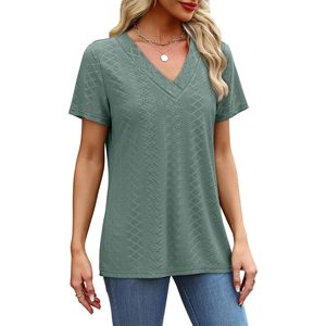 FOXA Women's Eyelet V Neck Short Sleeve T-Shirt Breathable Cotton Pullover <b>Top</b> - Product Image 4