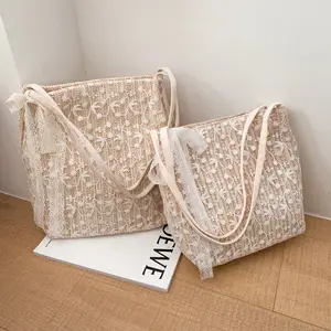 Bolsos New Fashion Bucket Bag Lace Large Capacity Fresh Shopping Bag Straw Embroidered Zipper Single Shoulder Bag