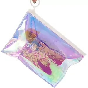 Kunden spezifischer Druck PVC holo graphischer Knopf beutel holo graphisch klar transparent Reiß verschluss tasche Druck verschluss Clutch Tasche