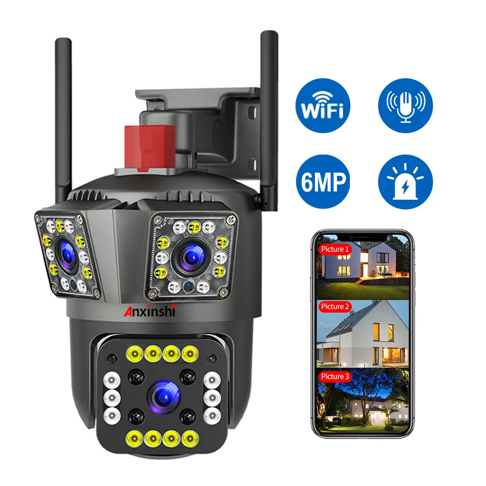 WiFi PTZ 네트워크 카메라 CCTV 3 렌즈 IP66 방수 6MP 무선 카메라 보안 카메라 ptz 무료 뿔