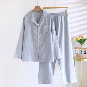 SUHE PJ-043 Women's Pure Cotton Woven Gauze Floral V-neck Drawstring Pajamas Long Sleeve Thin Two Piece Set Home Loungewear - Product Image 2